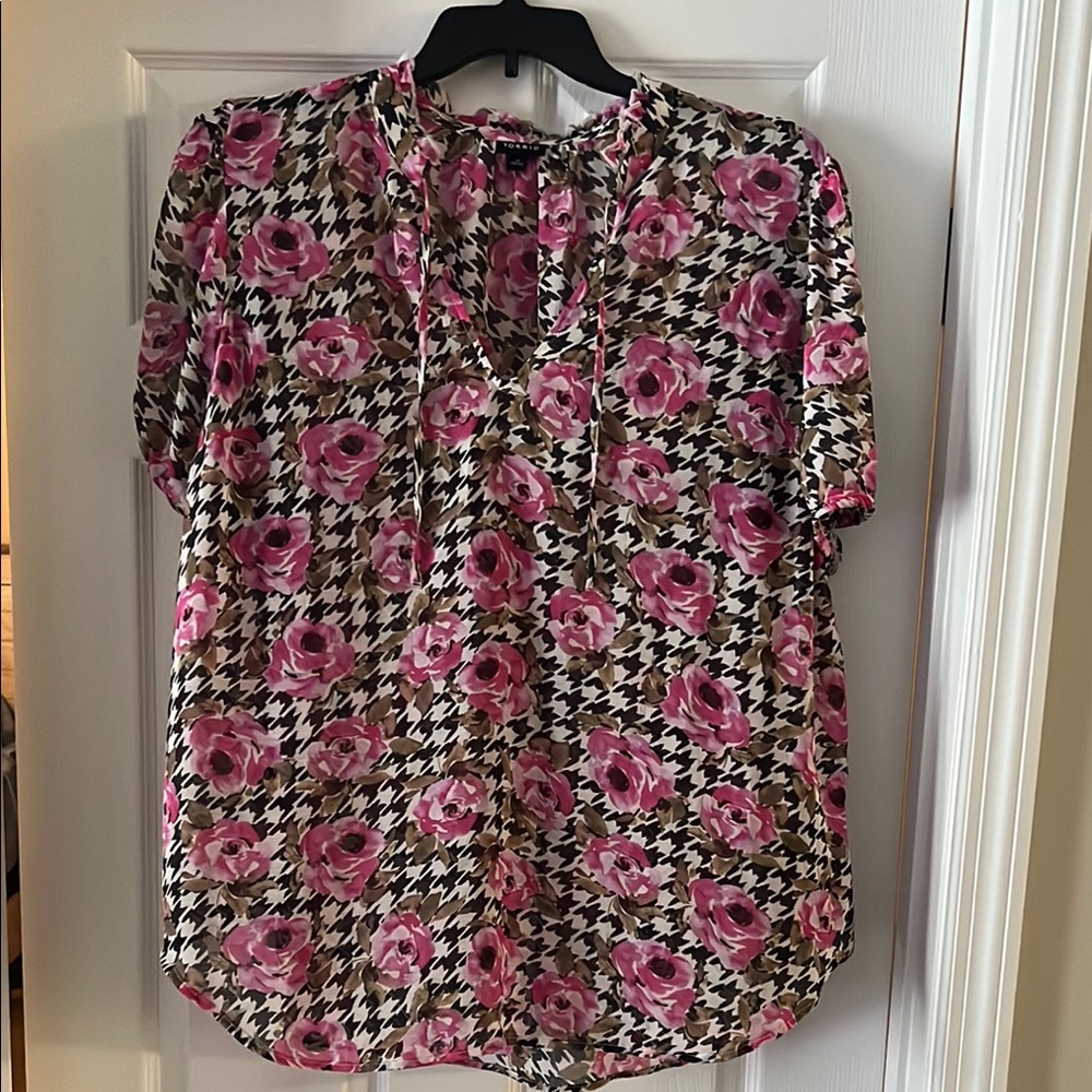 Torrid Pink and Black Ruffled Blouse with Mandarin Collar